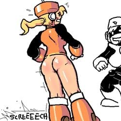 ass beige_skin blonde_hair blush capcom color erection female female_focus hair hard_man male mega_man mega_man(classic) mega_man_3 noill penis robot rule_63 standing top_man white_background