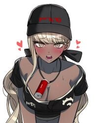 blush brown_skin cap female_focus hearts_around_head long_hair loose_shirt lustful_gaze no_nudity no_visible_genitalia showing_breasts solo_female the_hundred_line_-last_defense_academy- tsubasa_kawana