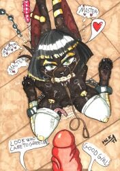 2024 anal_beads anthro anubian_jackal bit_gag bodily_fluids bondage bondage bound canid canine canis clothing condom condom_wrapper cuff_(restraint) dialogue dildo duo ear_piercing female first_person_view gag gold_(metal) gold_jewelry harness harness_bit_gag harness_gag hcrimsonknight hi_res human jackal jewelry leash leashed_female legwear looking_at_viewer male male/female mammal muzzle_(object) nude nude_female piercing restraints sex_toy sexual_barrier_device shackles signature speech_bubble stockings tail tail_motion tailwag thigh_highs traditional_media_(artwork) yellow_eyes