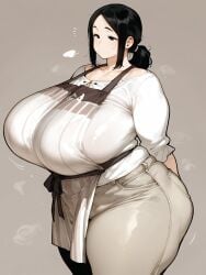 ai_generated apron bare_thighs black_eyes black_hair breasts_bigger_than_head gigantic_breasts huge_breasts huge_thighs jean_shorts light-skinned_female light_skin massive_breasts mature_female milf mommy oatmealdood oiled_body oiled_skin original ponytail solo_female squatting sweat sweatdrop thick_body thick_female thick_thighs thighs voluptuous voluptuous_female