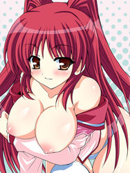 blush breasts brown_eyes cleavage clothing gessekai kousaka_tamaki large_breasts long_hair panties pointy_chin red_hair smile stockings to_heart_(series) to_heart_2 underwear