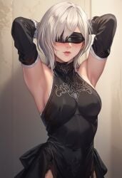 1girls ai_generated armpit_fetish armpits arms_up black_clothing black_dress breasts covered_eyes elbow_gloves female_only nier nier_reincarnation upper_body white_hair yorha_10h