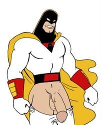 balls cape facing_viewer flaccid_penis gloves hanna-barbera large_penis male_only mask muscular no_pubic_hair pants_down penis presenting_penis space_ghost space_ghost_(series) tad_ghostal tagme testicles wrist_cuffs