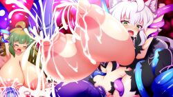 2girls atalanta_(alter)_(fate) atalanta_(fate) breast_expansion fate/grand_order fate_(series) gigantic_breasts huge_breasts lactation naked nipple_penetration oborotsuki_kakeru restrained tentacle