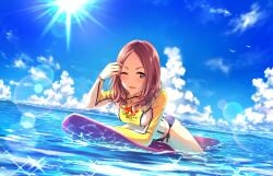 anime_style beach not_ai_generated not_porn ocean sitting_on_surfboard surf_girl surfer_girl surfing_girl unknown_artist unknown_character