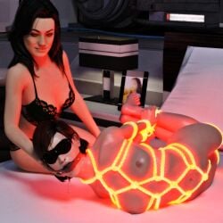 2girls 3d black_bra blindfold bondage bondage bra commander_shepard females_only femshep gag gagged hogtie mass_effect miranda_lawson nude nude_female rendereddefenseless