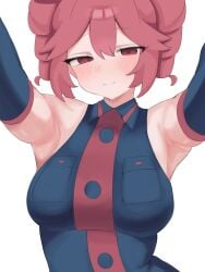 1girls 2d 2d_(artwork) armpit_fetish armpits arms_up big_breasts blush blush breasts_out clothed clothed_female clothing detached_sleeves extended_arms female female_only huge_breasts kasane_teto large_breasts looking_at_viewer red_eyes red_hair seductive_smile slim_waist smile solo solo_female twin_drills utau white_background