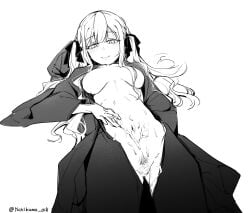absurdres artist_name bang_dream! bang_dream!_it's_mygo!!!!! breasts breasts_apart censored chinese_commentary closed_mouth commentary_request cum cum_on_body cum_on_fingers cum_on_stomach female female_pubic_hair greyscale hair_over_breasts hair_ribbon hand_on_own_stomach highres hooded_robe large_breasts long_hair long_sidelocks long_sleeves looking_at_viewer lying monochrome naked_robe navel no_nipples oblivionis_(bang_dream!) on_back open_clothes open_robe pubic_hair pussy ribbon robe scribble_censor seductive_smile sidelocks simple_background smile solo stray_pubic_hair togawa_sakiko twitter_username two_side_up white_background yukikuma_(yukikuma_018)