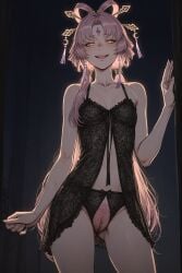 1girls ai_generated babydoll blush crotch crotch_cutout dark_background doorway excessive_pubic_hair facing_viewer fu_xuan_(honkai:_star_rail) honkai:_star_rail legs_apart lingerie looking_at_viewer naughty naughty_face night nude open_mouth phantom-art pink_hair pubic_hair pussy small_breasts smile smug solo solo_female solo_focus standing teeth yellow_eyes