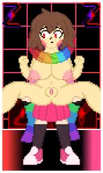 2girls bete_noire big_breasts breasts chara chara_(undertale) holding_legs holding_partner legs_apart pixel_art pussy scarf scarf_only self_upload shoes skirt storyswap storyswap_chara undertale undertale_(series) z!betty zixy