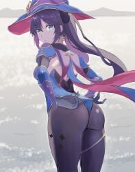 adjusting_clothes adjusting_leotard ass black_gloves black_hair blue_leotard blurry blurry_background blush breasts capelet closed_mouth commentary cowboy_shot earrings elbow_gloves female floating_hair from_behind fur-trimmed_capelet fur_trim genshin_impact gloves gold_trim hat highleg highres hikaru_(galaxy) jewelry leaning_forward leotard long_hair looking_at_viewer looking_back mona_(genshin_impact) ocean pantyhose purple_hair solo sparkle_print thighlet twintails vision_(genshin_impact) witch_hat