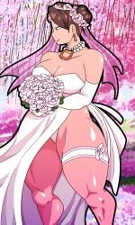 2024 2d big_breasts big_thighs brown_hair capcom chun-li daken_art(artist) daken_henderson(artist) fanart muscular muscular_male rose_(flower) roses short_hair street_fighter street_fighter_v thick_thighs wedding_dress white_rose