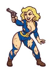 blue_jumpsuit fallout fallout_1 fallout_4 fallout_shelter_online gun handgun holding_gun holding_weapon revolver shelter_girl_(fallout_shelter_online) vault_girl vault_suit weapon