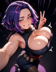 ai_generated breasts bursting_breasts cleavage female fr34ky huge_breasts lady_nagant multicolored_hair my_hero_academia purple_eyes victory_pose