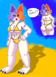 ass beach bikini cate_meowdy_(fortnite) catgirl female fortnite fortnite:_battle_royale fur furry golden_bikini golden_week inkbower inkbower_(artist) muscular muscular_female paws ponytail solo_female tattoo tattoos wink