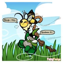 1:1 antennae_(anatomy) anthro arthropod bee beetle blush breath bug_fables carrying_another dialogue digital_media_(artwork) duo excessive_feces fairyfudge fart fart_fetish feces female female_farting female_pooping flying grass hand_holding hi_res hymenopteran insects kabbu_(bug_fables) male male/female moonsprout_games neck_tuft one_eye_closed one_eye_obstructed outside plant pooping_on_another pooping_on_face pooping_while_flying scared scat scatplay signature sky speech_bubble tuft vi_(bug_fables) wind wings