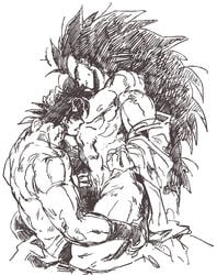 age_difference bara bardock dragon_ball dragon_ball_z father_and_son long_hair male male_only monochrome muscle muscles raditz yaoi