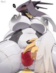 aircraft anthro areola biped black_body blue_eyes bodily_fluids breasts claws female fingers genital_fluids heart_symbol hi_res homuro living_aircraft living_machine living_vehicle looking_at_viewer machine maebari mostly_nude multicolored_body nipples pussy_pasty simple_background solo teeth vaginal_fluids vehicle white_body