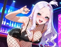 1female 1girls ai_generated bending_forward bending_over bent_over big_breasts big_breasts black_eyeshadow blue_eyes breasts breasts cleavage fairy_tail female fishnets hairband huge_boobs huge_breasts kaistar large_boobs large_breasts light-skinned_female looking_at_viewer mirajane_strauss patreon smile smiling smiling_at_viewer smirk solo solo_female solo_focus white_hair white_skin