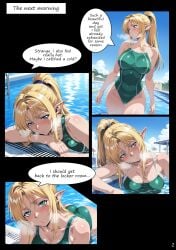 1futa 1girls 2025 ai_assisted ai_generated blonde_hair doujinshi elf elf_ears elf_female elf_futa female futanari green_eyes green_swimsuit illustrious_(stable_diffusion) intersex kxy manga manga_page melinea_(kxy) original ponytail swimsuit upscaled