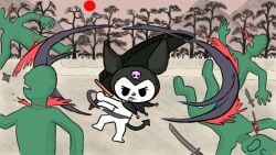 16:9 4k absurd_res anthro big_sword blood bodily_fluids chibi day demon female fight forest gore grass group hi_res kuromi lagomorph leporid male mammal melee_weapon mountain nature onegai_my_melody outside pink_skull plant rabbit red_sun road sanrio slashing sword swordfight t-55dasha tail tree ukiyo-e violence weapon white_body widescreen