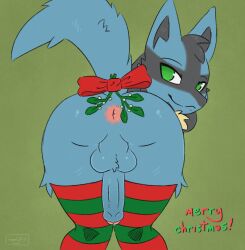 2025 animated anthro anus ass balls bent_over bodily_fluids butt_focus christmas clothing digital_media_(artwork) dripping erection frame_by_frame fur generation_4_pokemon genital_fluids genitals hi_res holidays humanoid_genitalia humanoid_penis inviting leaking_precum legwear looking_at_viewer looking_back looking_back_at_viewer loop lucario male moodytail mostly_nude nintendo penis pokemon pokemon_(species) precum precum_drip presenting presenting_anus presenting_hindquarters presenting_penis raised_tail rear_view seductive simple_background solo standing stockings tail teasing