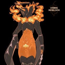 2025 black_body breasts covered_nipples digital_extremes ember_(warframe) ember_heirloom_(warframe) escale female female_focus female_only fire firey_hair glowing_body gold gold_jewelry halo helmet humanoid looking_away looking_sideways muscle_girl muscle_mommy muscular_female no_genitals no_visible_nipples nude orange_body partially_clothed robe suggestive suggestive_pose tatoos tenno text text_box toned_body toned_female tramp_stamp warcraft warframe_(species) wide_hips womb_tattoo