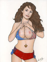 american_flag_bikini big_breasts bikini breasts brown_eyes brown_hair clothed clothing dc_comics erica_durance female female_only front_view head_tilt hitechartist human lois_lane long_hair looking_at_viewer navel_piercing nipples pale_skin piercing pink_nipples short_shorts simple_background smallville smile solo standing superman_(series) watermark white_background