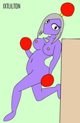 anthro barefoot breasts chuckya color female female_only grey_hair hair ixtlilton leaning looking_at_viewer mario_(series) nintendo nipples nude open_eyes purple_skin rule_63 smooth_skin solo spike super_mario_64