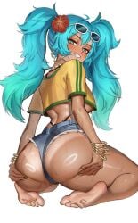 1girls aqua_eyes aqua_hair ass barefoot blue_eyes blue_hair blush bracelet brazilian_miku breasts commentary cropped_shirt denim denim_shorts eyewear_on_head female fingernails flower gold_bracelet grabbing_own_ass gradient_hair grin hair_flower hair_ornament hatsune_miku highleg highres huge_ass jewelry kuroyara long_hair looking_at_viewer micro_shorts multicolored_hair nail_polish nose_blush seiza shiny_skin shirt short_sleeves shorts simple_background sitting smile solo sweatdrop tan toes twintails underboob vocaloid white-framed_eyewear white_background wide_hips yellow_nails yellow_shirt