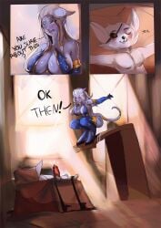 1boy 1girls anonymous_artist_lillypadopossum_friend big_breasts blizzard_entertainment blue_skin bordo breasts death_by_snoo_snoo dialogue draenei female horns imminent_sex larger_female male original_character penis pyrista size_difference smaller_male tail thick_thighs voluptuous voluptuous_female vulpera warcraft white_hair wide_hips world_of_warcraft