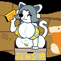 1girls :3 animated animated anthro bikini bouncing_breasts box breasts cardboard_box cat_ears cleavage female_only food furry hair huge_breasts micro_bikini mob_face navel nipple_bulge nipples octotron2000 pixel_art plump self_upload shimapan short_hair solo solo_female stripes tail temmie_(undertale) text thick_thighs undertale undertale_(series) white_body wide_hips