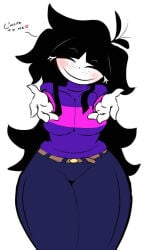 black_hair blush giygal hug inviting large_breasts needlemouse_(series) not_porn pogchamp sarah_henderson_(needlemouse) smile smiling_at_viewer thick_thighs wide_hips