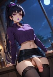 1futa ai_generated balls black_hair choker flaccid futa_only futanari goth goth_futa indoors jamesbron large_penis legwear lipstick long_hair looking_at_viewer medium_breasts moon navel night no_panties penis ponytail purple_eyes purple_lipstick purple_shirt shirt skirt solo solo_futa standing stockings tattoo thighhighs thighs wide_hips