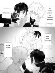 2boys anal anal_sex blush breath comic completely_nude english_text gay gintama gintoki_sakata meme monochrome nude sakatakou1010 somehow_has_time-traveled_(meme) sweat takasugi_shinsuke time_paradox time_travel yaoi