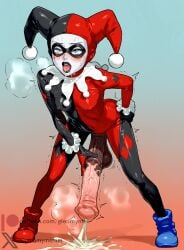 1futa ai_generated black_lipstick blush bodysuit covered_nipples cum dc_comics domino_mask ejaculation erect_nipples full_body futanari gloomyme gloves harley_quinn harley_quinn_(classic) horse_penis horsecock horsecock_futa horsecock_futanari horsecock_on_humanoid jester jester_hat leaning_forward lipstick makeup medium_breasts patreon_username skintight solo standing watermark