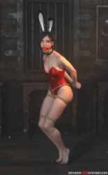 1girls 3d ada_wong arms_behind_back artist_name ball_gag bondage bound_legs bound_wrists bunnysuit gag gagged red_bunnysuit rendereddefenseless resident_evil solo