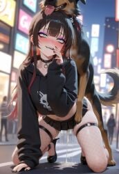 1girls ahe_gao ai_art ai_generated all_fours biting_lip black_high_heels black_hoodie black_lips black_nail_polish black_skirt black_tank_top blush brown_hair canine choker cum_inside dog_cock dog_slut dominant_feral egirl feral_on_human fishnet_legwear fucked_from_behind goth_girl green_eyes kira kira_xcrystallex leaking_mascara legs_apart long_hair medium_tits night outdoor ponytail purple_eyeshadow saliva slim_girl slut street submissive_female sweat xcrystallex zoophilia