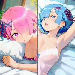 2girls ai_generated armpits bangs blue_eyes blue_hair blush breasts cleavage collarbone gloomproject hair_ornament hair_over_one_eye hair_ribbon heart heart-shaped_pupils large_breasts looking_at_viewer lying medium_breasts multiple_girls open_mouth pillow pink_eyes pink_hair ram_(re:zero) re:zero_kara_hajimeru_isekai_seikatsu rem_(re:zero) reward_available ribbon see-through self_upload short_hair siblings sisters sweat symbol-shaped_pupils twins x_hair_ornament