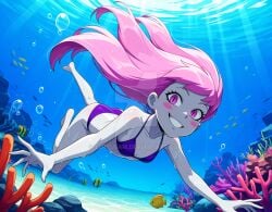 2025 ai_generated beach black_dot_eyes cartoon_network dc_super_hero_girls dcau deviantart elryusam grey_body grey_skin jinx_(teen_titans) meta not_porn ocean pink_cheeks pink_eyes pink_hair purple_bikini swimming teen_titans