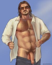 1male armpit_hair bara barazoku beard body_hair chest_hair daddy dilf earrings foreskin grand_theft_auto grand_theft_auto_vi gta_6 gta_vi hairy hairy_arms hairy_chest hairy_male hairy_pubes hairy_thighs long_hair looking_at_viewer male male_focus male_only muscular muscular_male nipples open_shirt pants pants_down penis precum precum_drip pubes pubic_hair raul_bautista solo_male sunglasses uncut white_shirt