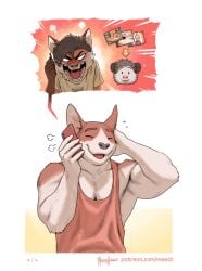 american_opossum angry anthro anus ass balls biped black_nose blush brown_body brown_fur canid canine canis domestic_dog fox fur genitals group hi_res male mammal marsupial meesh open_mouth open_smile orange_tail pink_nose simple_background smile tail teeth tongue trio white_body white_fur