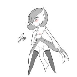 artist_signature black_and_white blush blushing boobs breast eyelashes female gardevoir greyscale medium_breasts medium_hair monochrome nipples pink_nipples pokemon pokemon_rse pussy pussy_juice shadowy_roux tattoo tattoo_on_arm tattooed_arm tits
