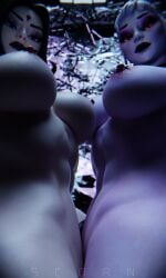2025 2girls 3d abs areolae artist_name athletic athletic_female black_hair black_lipstick breasts dc_comics dusk_(fortnite) female female_only fortnite light-skinned_female looking_down nipple_piercing nipples nude nude_female piercing raven_(dc) raven_(fortnite)_(dc) red_eyes scorn_(artist) sotb1337 standing thick_thighs vampire vampire_girl video_games white_hair