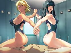 1boy 2girls ass black_hair blonde_hair blue_eyes breasts censored cowgirl_position dark_skin facesitting game_cg hand_holding large_breasts legs long_hair looking_back lying noriheita open_mouth red_eyes reverse_spitroast sex short_hair sideboob sitting sitting_on_person small_breasts smile swimsuit tan tanline thighs threesome vaginal_penetration