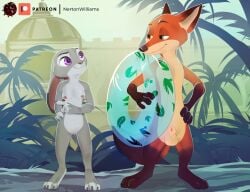 absurd_res animal_genitalia anthro balls breasts canid canine casual_nudity disney duo female fox genitals hi_res holding_object inflatable inner_tube judy_hopps lagomorph leporid male male/female mammal nerton nick_wilde nipples nude outside plant purple_eyes pussy rabbit sheath small_breasts smile tree zootopia zootropolis