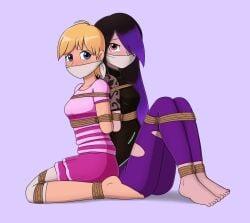 2girls arms_tied_behind_back black_hair blonde_hair blue_eyes bondage bound_ankles bound_legs cloth_gag gag gagged hair_over_one_eye juleka_couffaine looking_at_viewer miraculous_ladybug nivek15 over_the_mouth_gag pink_eyes purple_highlights rose_lavillant