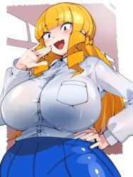 1girls bangs big_breasts black_bra black_eyes blonde_hair blue_skirt blunt_bangs blush blushing_at_viewer bra bra_visible_through_clothes breast_pocket breasts buttons collared_shirt drill_hair drill_locks eyebrows_visible_through_hair female female_only flesh_fang frilled_bra frills hand_on_hip kaneda_mochiko large_breasts laugh laughing light-skinned_female light_skin long_hair mount_celeb_kaneda-san oerba_yun_fang ojou-sama_pose open_mouth pocket see-through see-through_clothing see-through_shirt shirt skin_fang skirt solo takayama_toshinori white_shirt