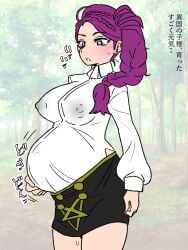 1girls braid braided_ponytail breasts covered_nipples female female_only fire_emblem fire_emblem:_three_houses garreg_mach_monastery_uniform japanese_text kuroihi_(kuroihitsuji) large_breasts long_hair nintendo petra_macneary ponytail pregnant purple_eyes purple_hair solo text translation_request