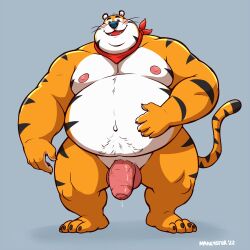 2022 anthro balls belly blue_nose blush bodily_fluids felid frosted_flakes genital_fluids genitals hi_res humanoid_hands kellogg's male male_only mammal manlyster mascot moobs nipples orange_body overweight overweight_male pantherine penis precum simple_background solo tiger tony_the_tiger white_body